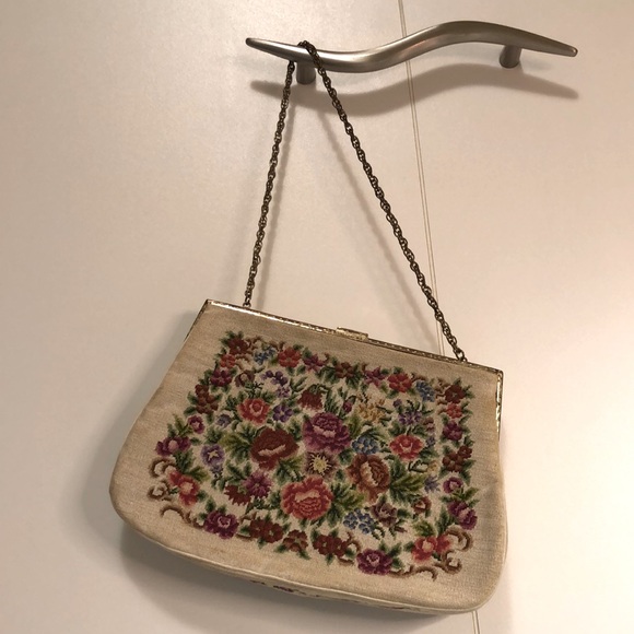 Vintage Handbags - Vintage 50’s Petit Point Floral Needlepoint Purse with Jeweled Clasp & Chain